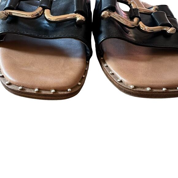 Steve Madden | Size 10 Alita Slip on Slide Sandals Gold Tone Black Hardware - Picture 4 of 11